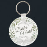 Bridesmaid Elegant Eucalyptus Wreath Wedding Key Ring<br><div class="desc">These keychains are designed to give as favours to bridesmaids in your wedding party. They feature a rustic hand painted watercolor design with a wreath of eucalyptus leaves and foliage in shades of mint, moss, and sage green. The text is written in elegant script letters, and there is room for...</div>