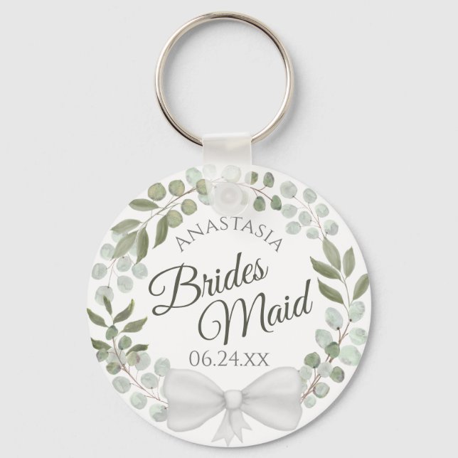 Bridesmaid Elegant Eucalyptus Wreath Wedding Key Ring (Front)