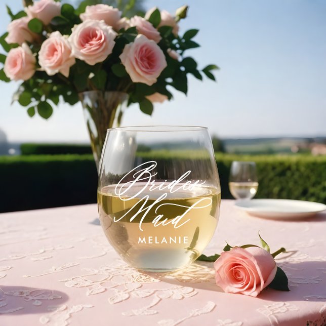 Bridesmaid Elegant Script Name Wedding Party Stemless Wine Glass (Bridesmaid Elegant Script Name Wedding Party Stemless Wine Glass)