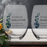 Bridesmaid Eucalyptus Greenery Custom Wedding Stemless Wine Glass<br><div class="desc">Personalised wine glasses for you to customise with name of your bridesmaid - or anyone in your wedding party. You can also add the bride and groom's names and the wedding date. This delicate design has a sprig of eucalyptus leaves on a watercolor wash with watercolor greenery and foliage in...</div>