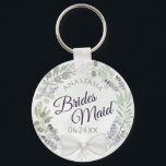 Bridesmaid Eucalyptus & Lavender Wreath Wedding Key Ring<br><div class="desc">These keychains are designed to give as favours to bridesmaids in your wedding party. They feature a rustic hand painted watercolor design with a wreath of eucalyptus leaves and lavender flowers in shades of purple, mint, moss, and sage green. The text is written in elegant script letters, and there is...</div>