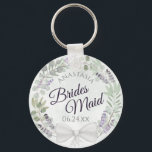 Bridesmaid Eucalyptus & Lavender Wreath Wedding Key Ring<br><div class="desc">These keychains are designed to give as favours to bridesmaids in your wedding party. They feature a rustic hand painted watercolor design with a wreath of eucalyptus leaves and lavender flowers in shades of purple, mint, moss, and sage green. The text is written in elegant script letters, and there is...</div>