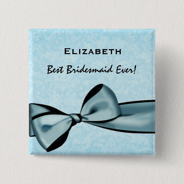 Bridesmaid Faux Blue Satin Bow Custom Name 15 Cm Square Badge (Front)