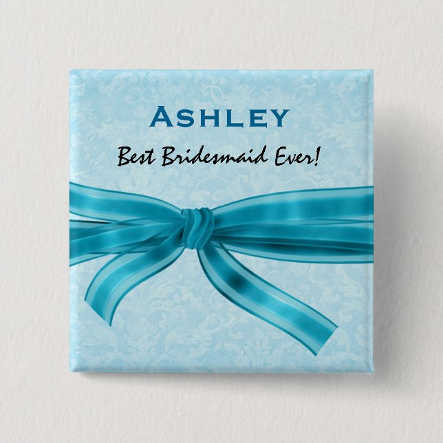 Bridesmaid Faux Blue Satin Bow Custom Name 15 Cm Square Badge (Front)