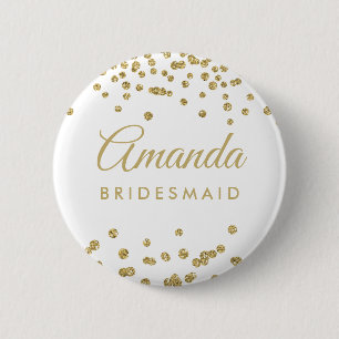 Bridesmaid Favour Gold Faux Glitter Confetti White 6 Cm Round Badge