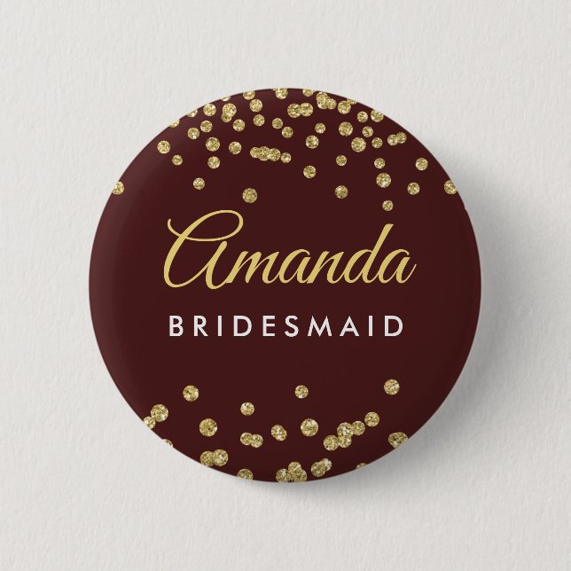 Bridesmaid Favour Gold Glitter Confetti Marsala 6 Cm Round Badge (Front)