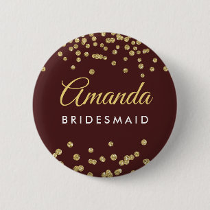 Bridesmaid Favour Gold Glitter Confetti Marsala 6 Cm Round Badge