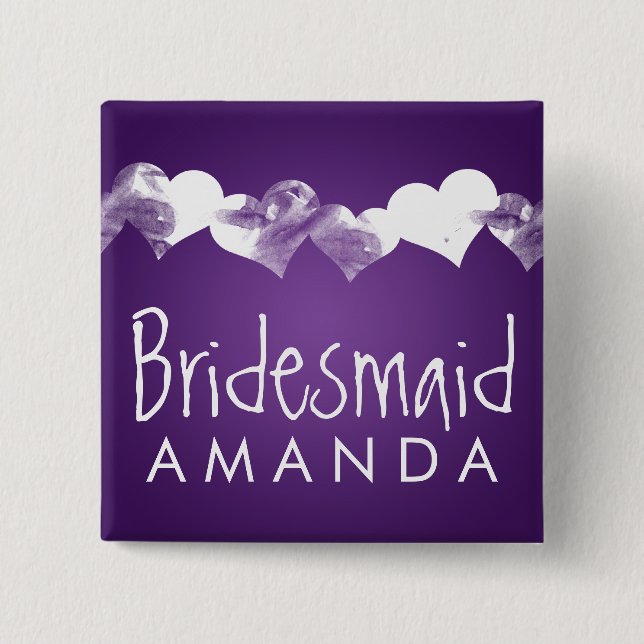 Bridesmaid Favour Grunge Hearts Purple 15 Cm Square Badge (Front)