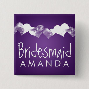 Bridesmaid Favour Grunge Hearts Purple 15 Cm Square Badge
