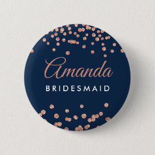 Bridesmaid Favour Rose Gold Glitter Confetti Navy 6 Cm Round Badge