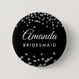 Bridesmaid Favour Silver Glitter Confetti Black 6 Cm Round Badge
