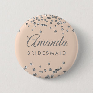 Bridesmaid Favour Silver Glitter Confetti Blush 6 Cm Round Badge