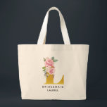 Bridesmaid Floral Pink Gold Monogram Letter L Large Tote Bag<br><div class="desc">Trendy floral monogram initial bridesmaid tote bag. Featuring gold floral monogram initial L which is set but you can easily change the name and occasion by using the "Personalise" button. Perfect gift for a birthday,  anniversary,  or bridal showers</div>