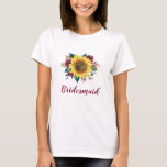 Bridesmaid Floral Sunflower Burgundy Rose Wedding T-Shirt<br><div class="desc">This bridesmaid t-shirt features  a watercolor floral design with a sunflower and burgundy roses. Personalise it with your own text. Matching products are available. Please visit our store or view our collection pages to see the full range.</div>