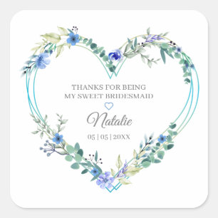 Bridesmaid Floral Watercolor Heart in Blue Design Square Sticker