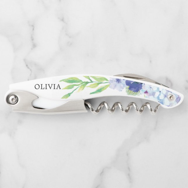 Bridesmaid Gift Cork Screw - Blue Hydrangea Corkscrew (Front)