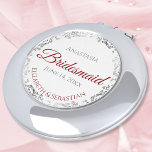 Bridesmaid Gift Elegant Crimson Red & Silver Lace Compact Mirror<br><div class="desc">These compact mirrors are designed to give as favours to the bridesmaids in your wedding party. They feature a simple yet elegant design with a white background, crimson red script lettering, and a silver grey faux foil floral lace border. Perfect way to thank your bridesmaids for being a part of...</div>