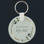 Bridesmaid Gift Eucalyptus Gold Monogram Sage Key Ring<br><div class="desc">Bridesmaid Gift Eucalyptus Gold Frame Monogram Sage Keychain... Give your bridesmaids a gift they'll appreciate and use... a personalised key chain featuring a gold metallic frame embellished with emerald-hued eucalyptus leaves and their name in elegant script typography... all on a beautiful light sage green background. All text can be easily...</div>