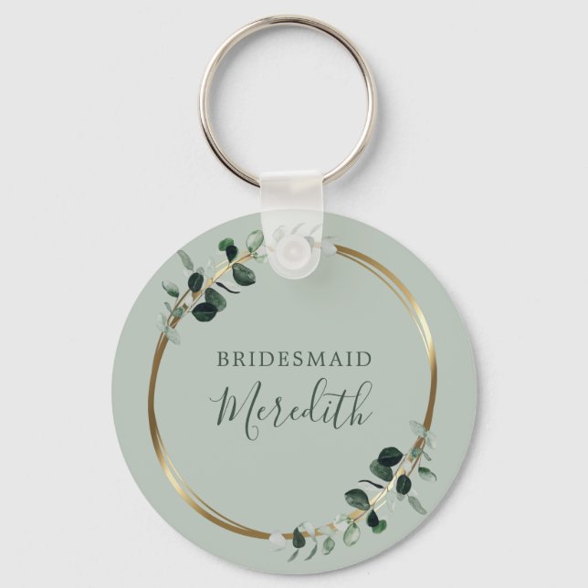 Bridesmaid Gift Eucalyptus Gold Monogram Sage Key Ring (Front)