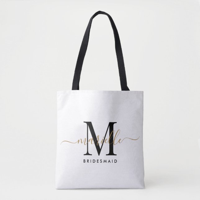 Bridesmaid Gift Gold Monogram White Tote Bag (Front)