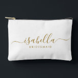 Bridesmaid Gift Gold Name Accessory Pouch<br><div class="desc">This Bridesmaid makeup and accessory bag features a handwritten gold script typography with swashes on a midnight or white background. Present your bridesmaids with a toiletry bag for their makeup and small items traditionally presented at the rehearsal dinner,  for use in the early morning before the wedding.</div>