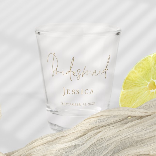 Bridesmaid Gift Gold Script Name Wedding Date Shot Glass (Bridesmaid gift shot glass with gold script. Part of a matching wedding collection)