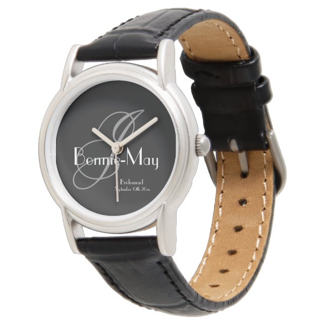 Bridesmaid Gift Grey Monogram White Details Black  Watch (Angled)