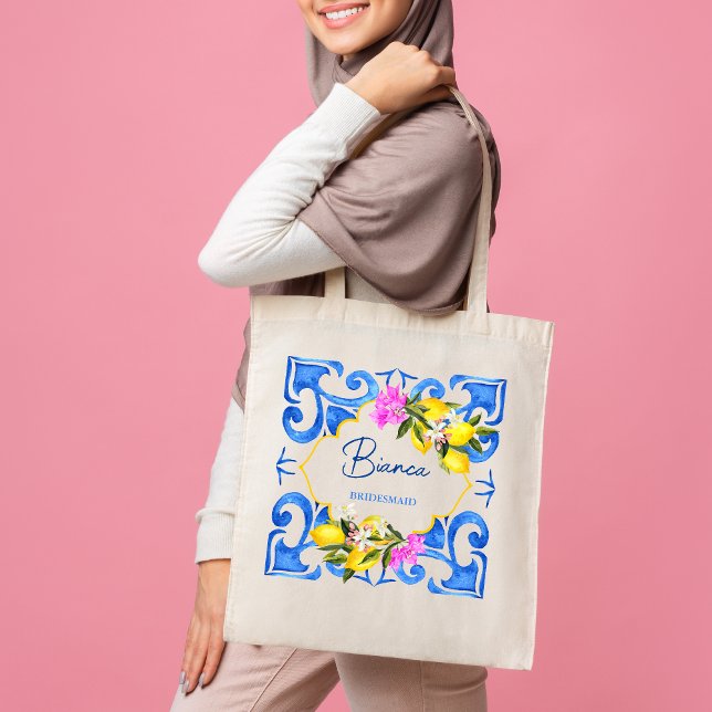 Bridesmaid gift Lemon Blue tiles custom name  Tote Bag (Creator Uploaded)