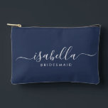 Bridesmaid Gift Midnight Blue Accessory Pouch<br><div class="desc">This Bridesmaid accessory bag features a handwritten white script typography with swashes on a midnight or navy blue background. Present your bridesmaids with a toiletry bag for their makeup and small items traditionally presented at the rehearsal dinner,  for use in the early morning before the wedding.</div>