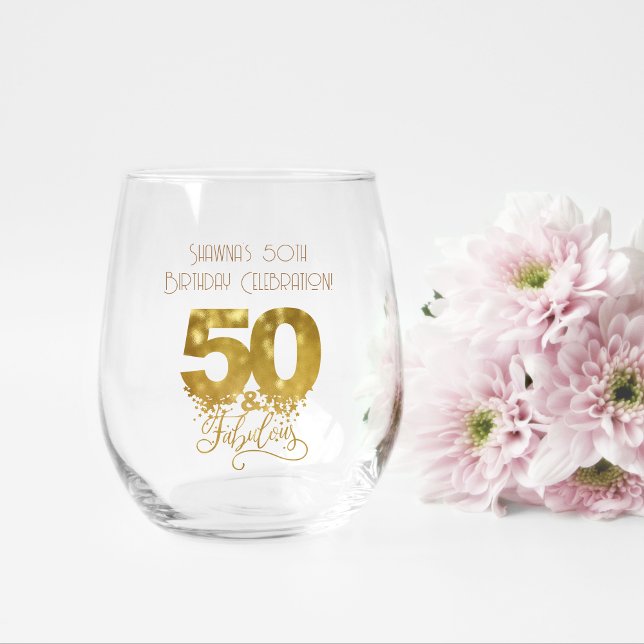 Bridesmaid Gift, Modern Elegant Monogram Stemless Stemless Wine Glass (custom stemless wineglass for 50th birthday in gold design)