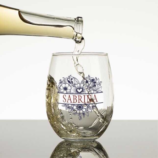 Bridesmaid Gift, Modern Elegant Monogram Stemless Wine Glass (stemless wineglass with a split heart made from flowers in dark blue customized with name bridesmaid)