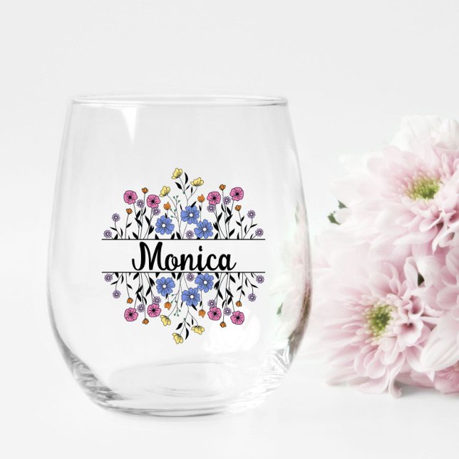 Bridesmaid Gift, Modern Elegant Monogram Stemless Wine Glass (elegant split monogram flower design personalized with name on a stemless wineglass )