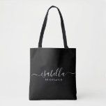 Bridesmaid Gift Personalised Black Tote Bag<br><div class="desc">This Bridesmaid accessory bag features a handwritten white script typography with swashes on a black background. Present your bridesmaids with a tote bag for small items traditionally presented at the rehearsal dinner,  for use in the early morning before the wedding.</div>