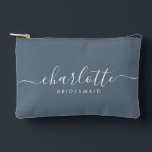 Bridesmaid Gift Print Cut Sew Accessory Slate Blue Accessory Pouch<br><div class="desc">This Bridesmaid accessory bag features a handwritten white script typography with swashes on a slate blue background. Present your bridesmaids with a toiletry bag for their makeup and small items traditionally presented at the rehearsal dinner,  for use in the early morning before the wedding.</div>