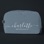 Bridesmaid Gift Print Cut Sew Bag<br><div class="desc">This Bridesmaid accessory bag features a handwritten white script typography with swashes on a slate blue background. Present your bridesmaids with a toiletry bag for their makeup and small items traditionally presented at the rehearsal dinner,  for use in the early morning before the wedding.</div>