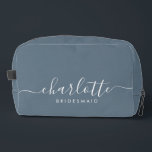 Bridesmaid Gift Print Cut Sew Bag<br><div class="desc">This Bridesmaid accessory bag features a handwritten white script typography with swashes on a slate blue background. Present your bridesmaids with a toiletry bag for their makeup and small items traditionally presented at the rehearsal dinner,  for use in the early morning before the wedding.</div>