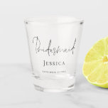 Bridesmaid Gift Script Name Wedding Date Shot Glass<br><div class="desc">Bridesmaid Gift Script Name Wedding Date. Your bridesmaid will be delighted to receive this handy shot glass with its elegant script! It has her name and your wedding date to make it extra special,  which are easily personalised.</div>