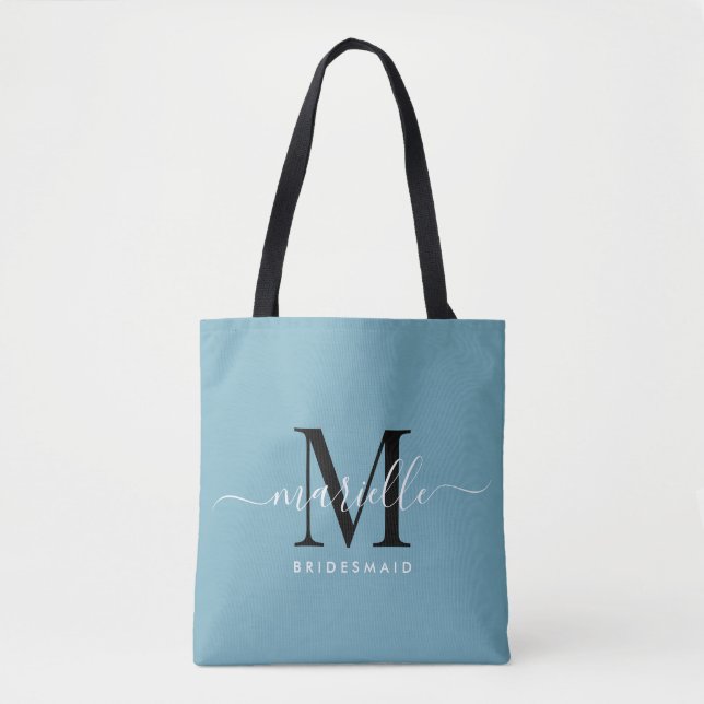 Bridesmaid Gift White Black Monogram Dusty Blue Tote Bag (Front)