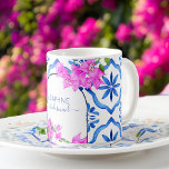 Bridesmaid gifts blue tiles bougainvilleas custom coffee mug<br><div class="desc">Bridesmaid gifts blue tiles bougainvilleas custom name personalised coffee mug,  a lovely bridal party gift for girls to cherish.</div>