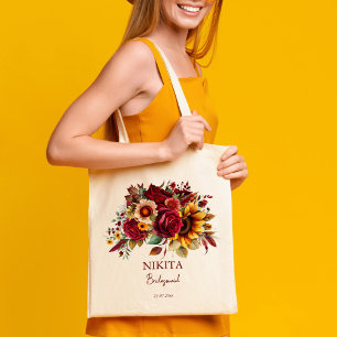 Bridesmaid gifts burgundy roses sunflowers tote bag