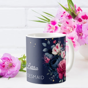 Bridesmaid gifts custom name navy blue pink roses coffee mug