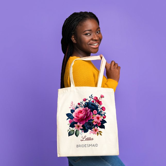 Bridesmaid gifts custom name navy blue red roses tote bag (Creator Uploaded)