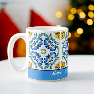 Bridesmaid gifts favours blue Majolica tiles custo Coffee Mug