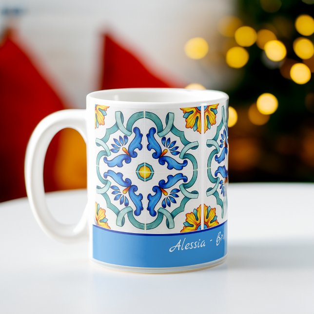 Bridesmaid gifts favours blue Majolica tiles custo Coffee Mug (Bridesmaid gifts favors blue Majolica tiles custom Coffee Mug bridal party favors personalized mug)