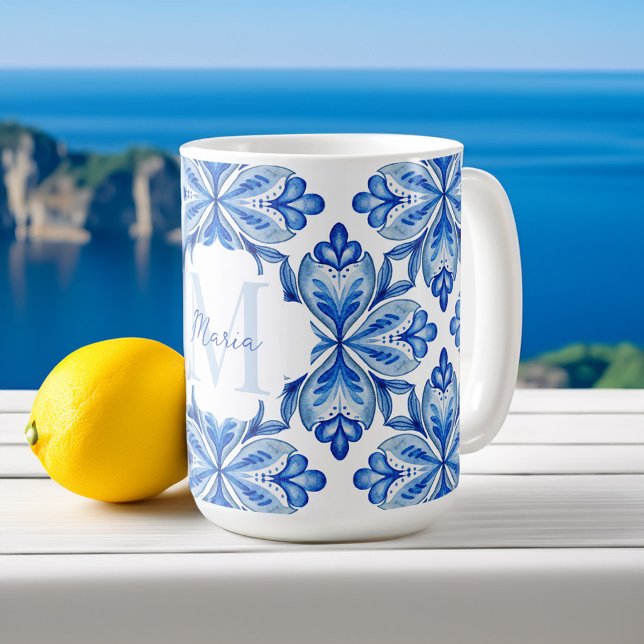 Bridesmaid gifts Italian Blue tiles monogram  Coffee Mug (Bridesmaid gifts Italian Blue tiles monogram personalized name Coffee Mug bridal party favors)