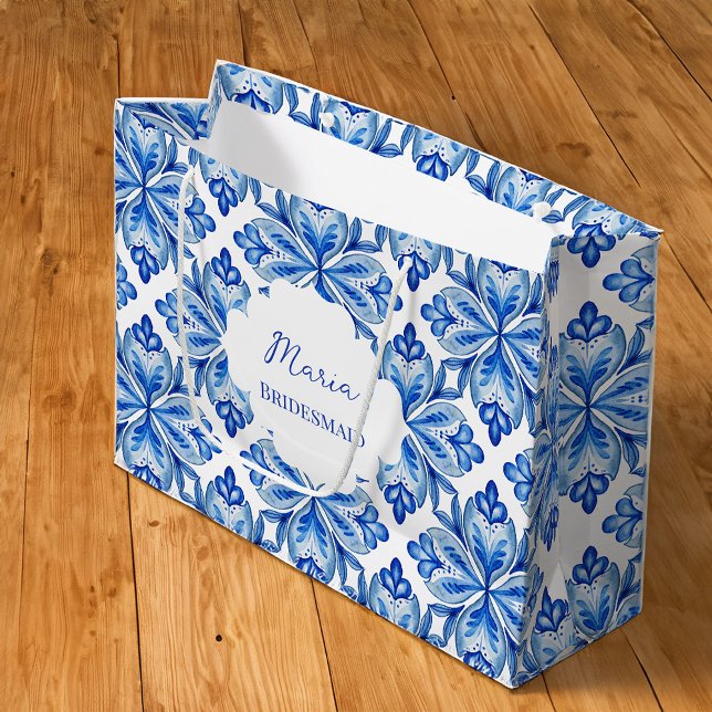 Bridesmaid gifts Italian Blue tiles personalised Large Gift Bag (Bridesmaid gifts bag Italian Blue tiles personalized name Large Gift Bag)