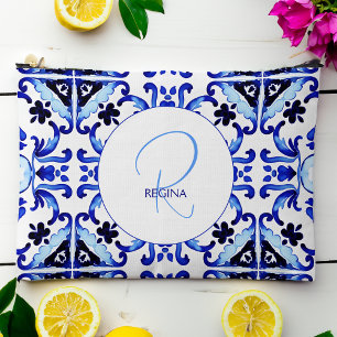 Bridesmaid gifts talavera blue tiles monogram  accessory pouch
