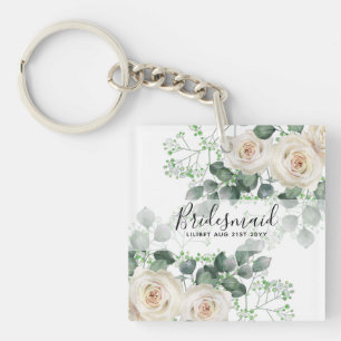 Bridesmaid Gifts White Roses Theme Personalised Key Ring