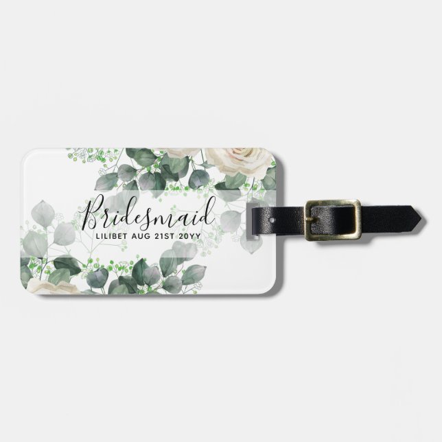 Bridesmaid Gifts White Roses Theme Personalised Luggage Tag (Front Horizontal)