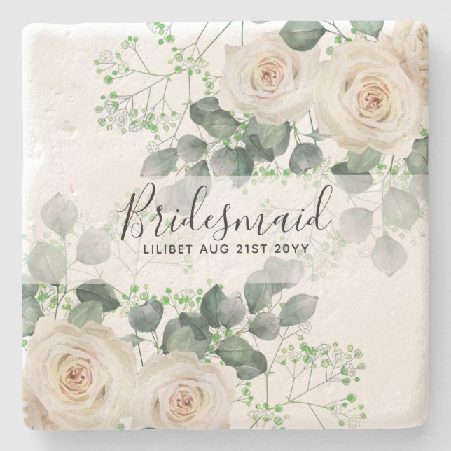 Bridesmaid Gifts White Roses Theme Personalised Stone Coaster (Front)